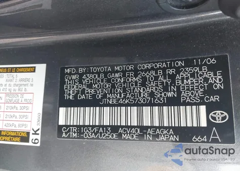 2007 Toyota Camry Xle from USA, damaged, VIN JTNBE46K573071631